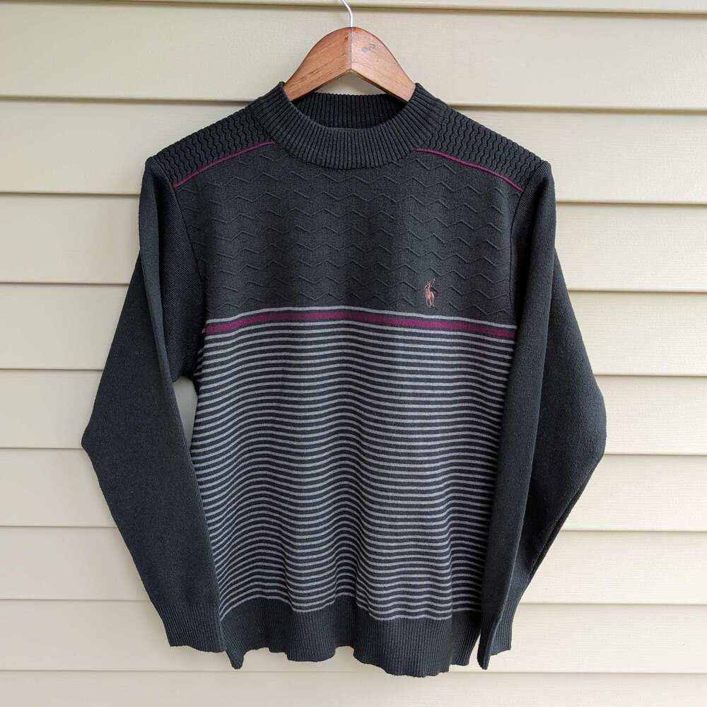 Polo Villae Sweater Mens XL Black Striped Embroidered Pony Crewneck